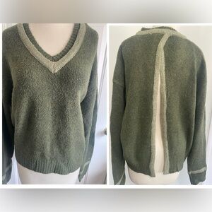 ZARA Olive Green V-Neck Sweater with Open Back - Size L - NEW